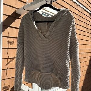 Free People Hooded Knit Sweater XS Beige Oversized V-Neck Pullover